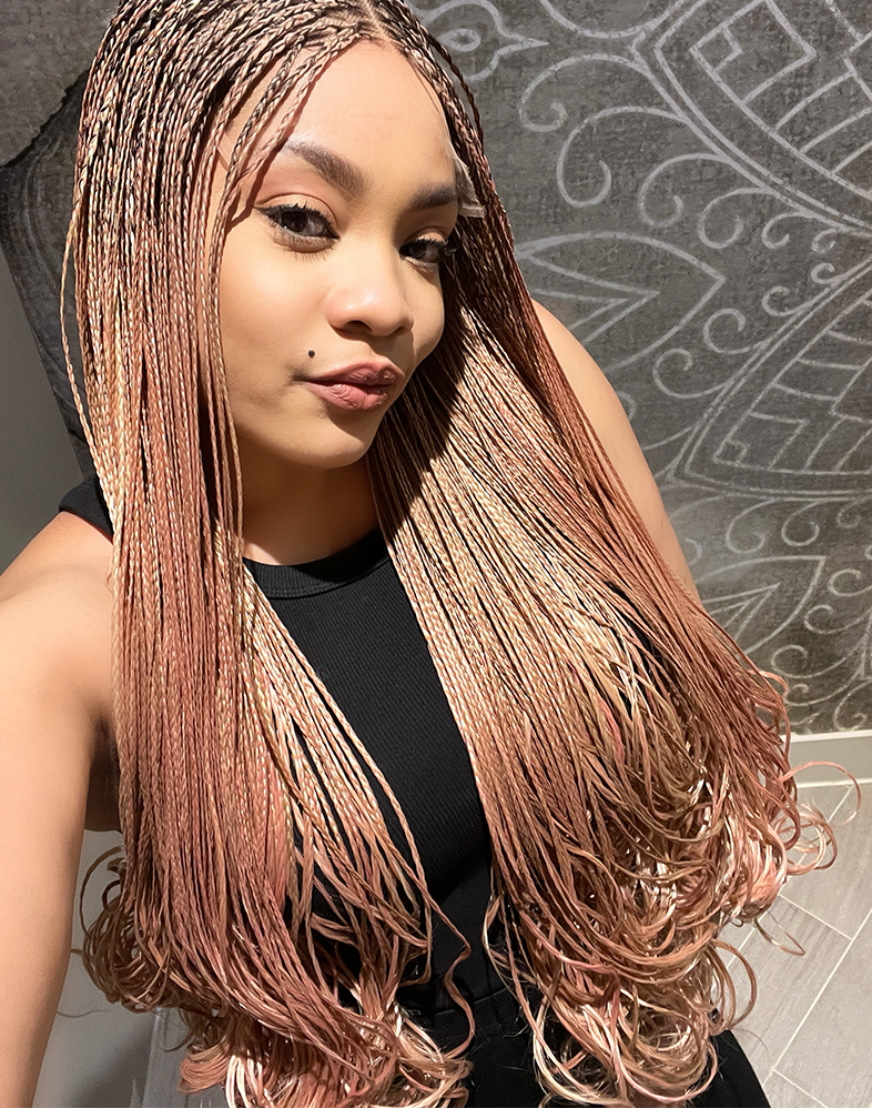 Duchess French 10 – Pink Mix French Curl Braided Wig (Very Long, HD Mini Frontal, Extra Full Density)