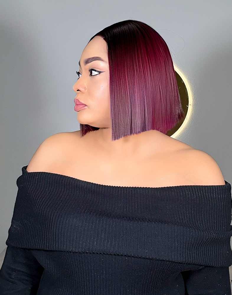 Empress 303 Super Double Drawn Premium Virgin Donor Bone Straight Bob Wig Burgundy • 8 Inches • Transparent 2x4 Closure