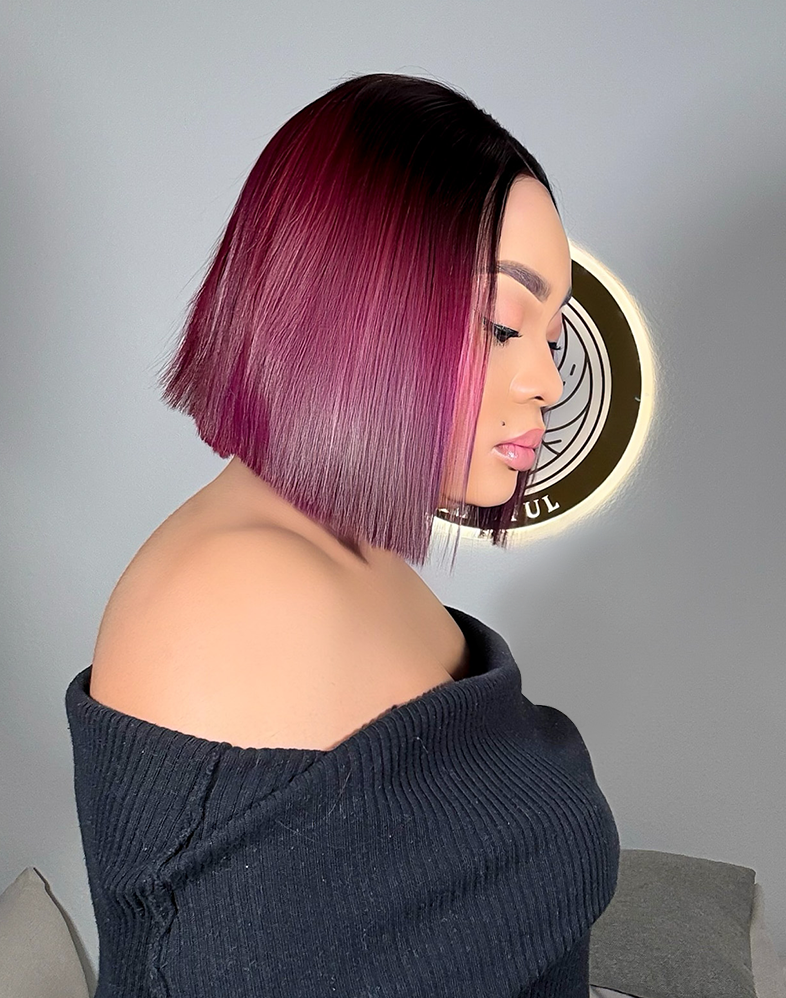 Empress 303 Super Double Drawn Premium Virgin Donor Bone Straight Bob Wig Burgundy • 8 Inches • Transparent 2x4 Closure