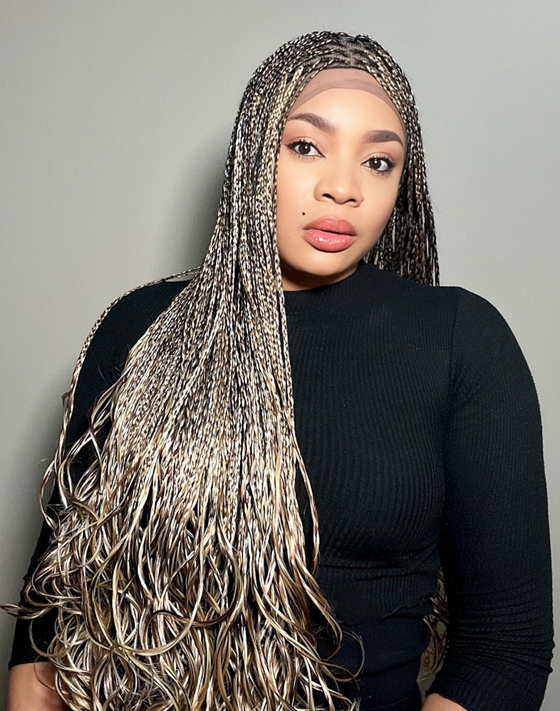 Lady French 10 – Mix Brown & Gold French Curl Braided Wig (35”, Very Long, 360 Lace Wig, Full Density)