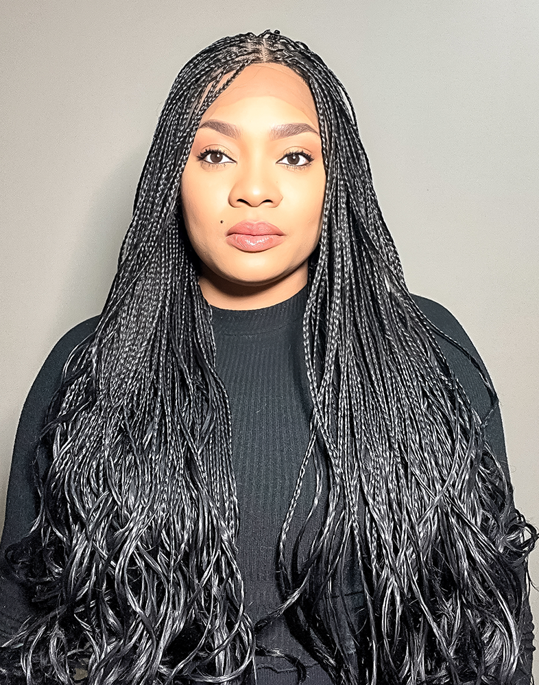 Lady French 20 – Black French Curl Braided Wig (35”, Very Long, 360 Lace Wig, XX Full Density)