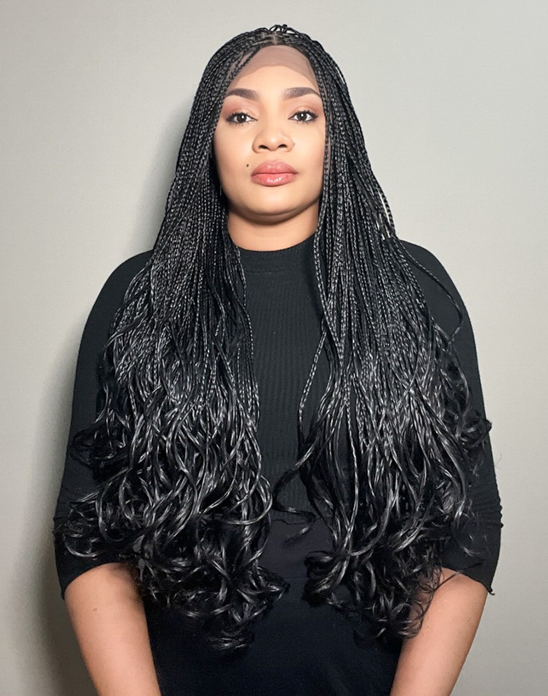 Lady French 20 – Black French Curl Braided Wig (35”, Very Long, 360 Lace Wig, XX Full Density)