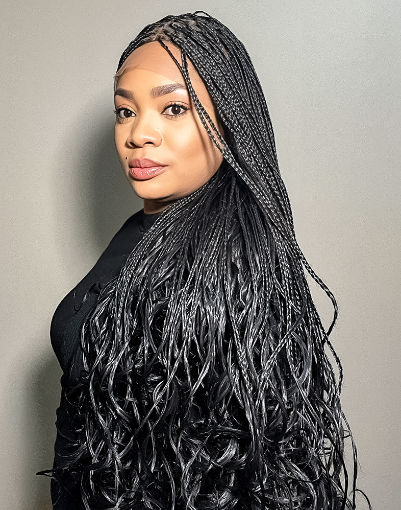 Lady French 20 – Black French Curl Braided Wig (35”, Very Long, 360 Lace Wig, XX Full Density)