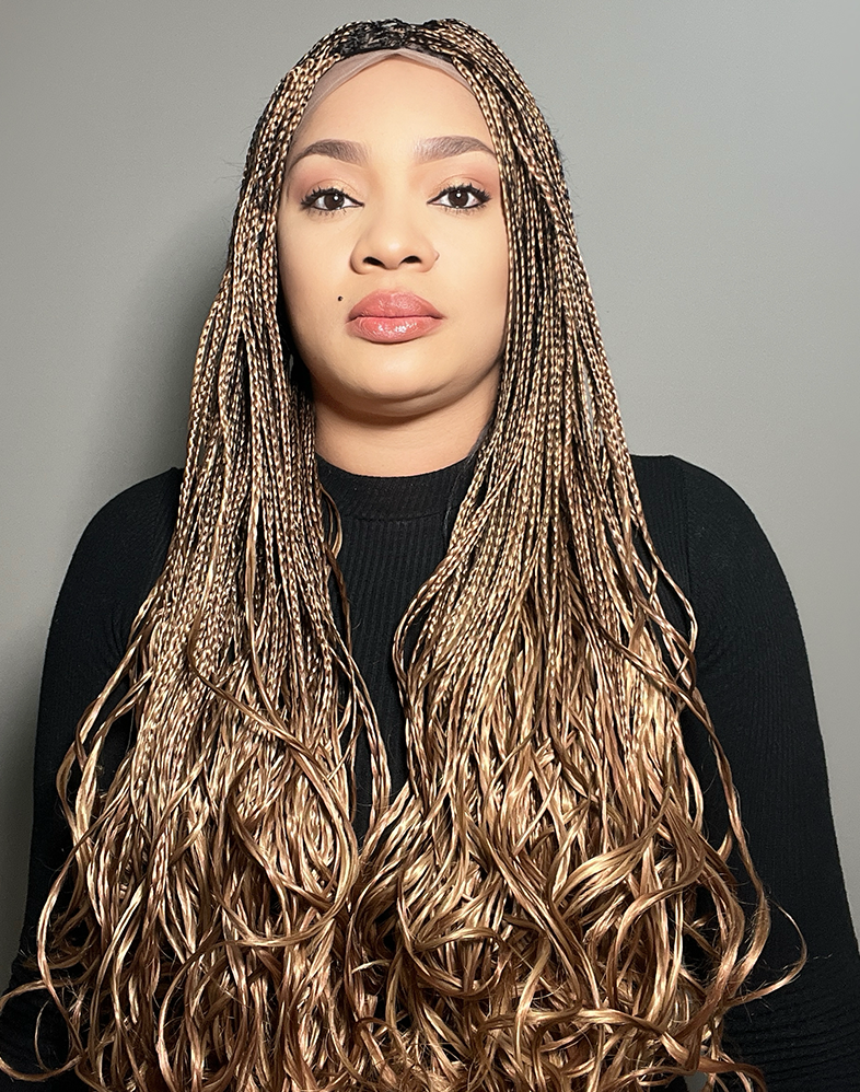 Lady French 30 – Brownish Gold French Curl Braided Wig (34”, Very Long, XX Full Density)