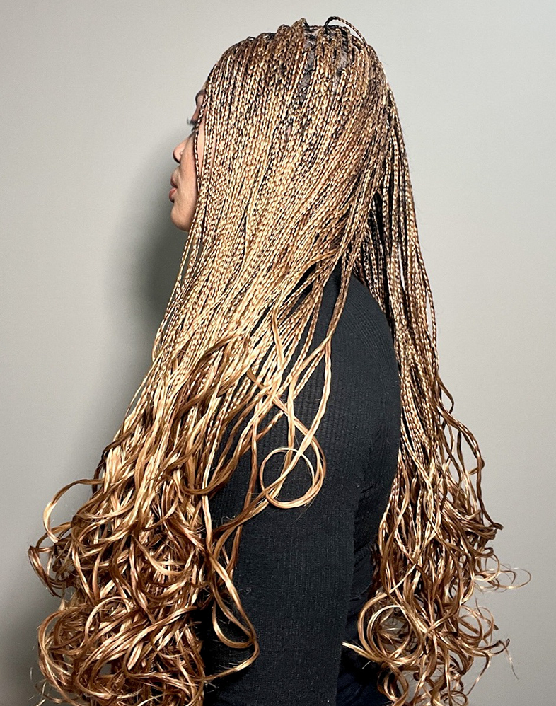 Lady French 30 – Brownish Gold French Curl Braided Wig (34”, Very Long, XX Full Density)