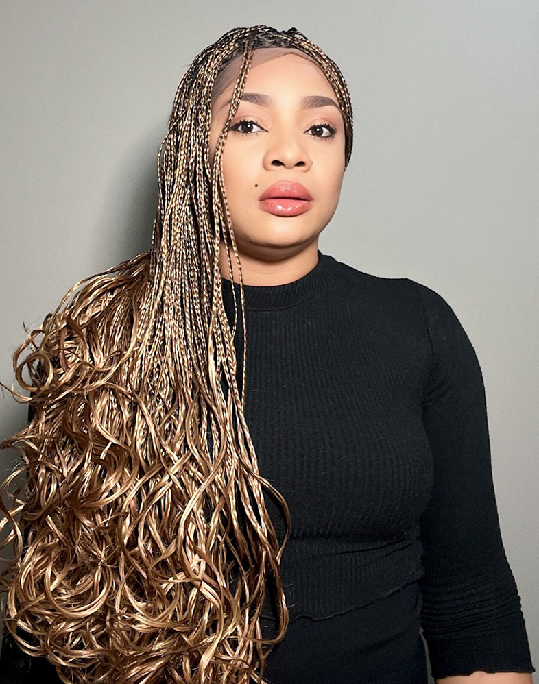 Lady French 30 – Brownish Gold French Curl Braided Wig (34”, Very Long, XX Full Density)