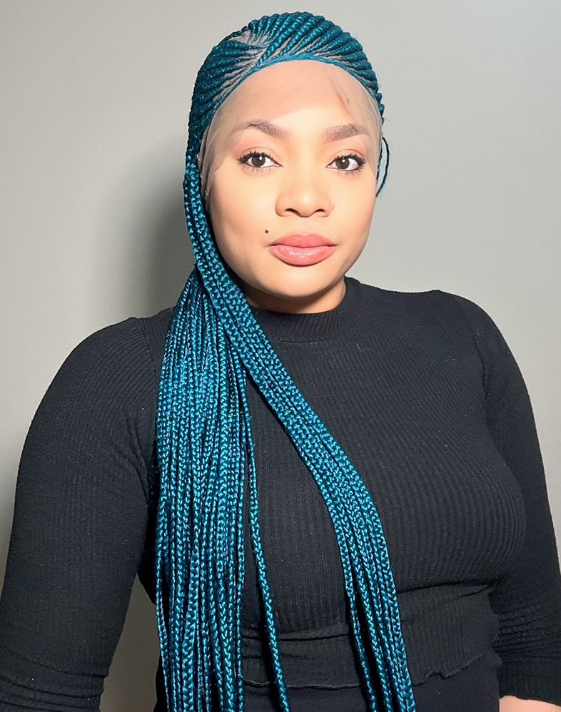 Lady Ghana Weave 10 – Turquoise Ghana Weave Braided Wig with 360 Lace (46”, Long, Medium Density)