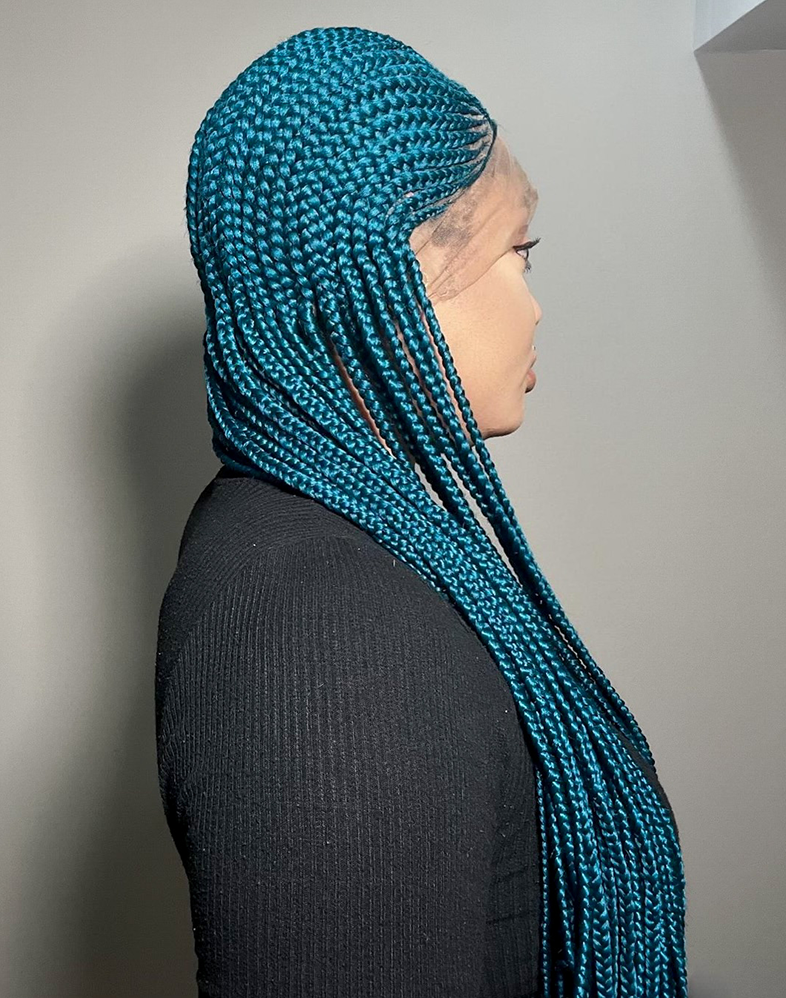 Lady Ghana Weave 10 – Turquoise Ghana Weave Braided Wig with 360 Lace (46”, Long, Medium Density)